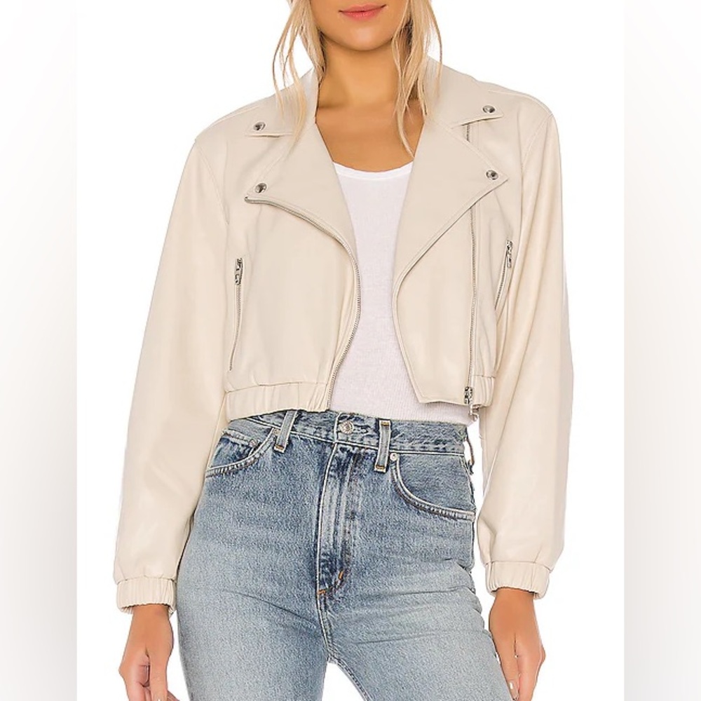 BLANK NYC Dropped Shoulder Cropped Vegan Leather Moto Hybrid Jacket in Chalk